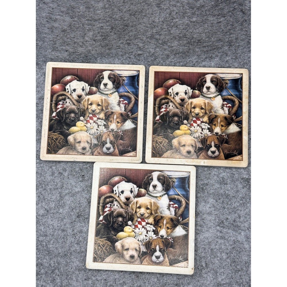 Vintage G Hanland Puppy Love Stone Coasters Set of 3 Cork Backed Dog Art 4x4